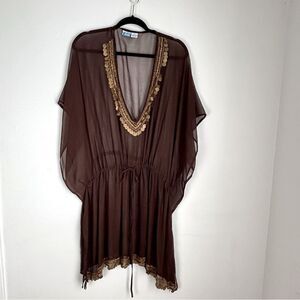 Vintage Women’s 2X Sheer Brown Caftan Cover-Up Tunic Top Gold Embellished Trim